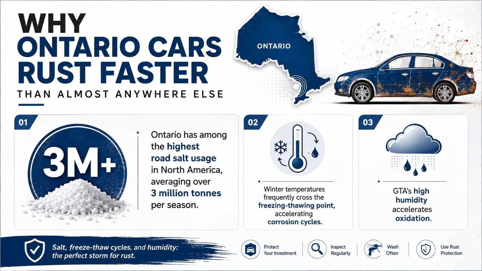 An infographic explaining why cars in Ontario, Canada rust faster due to road salt, temperature changes, and humidity.