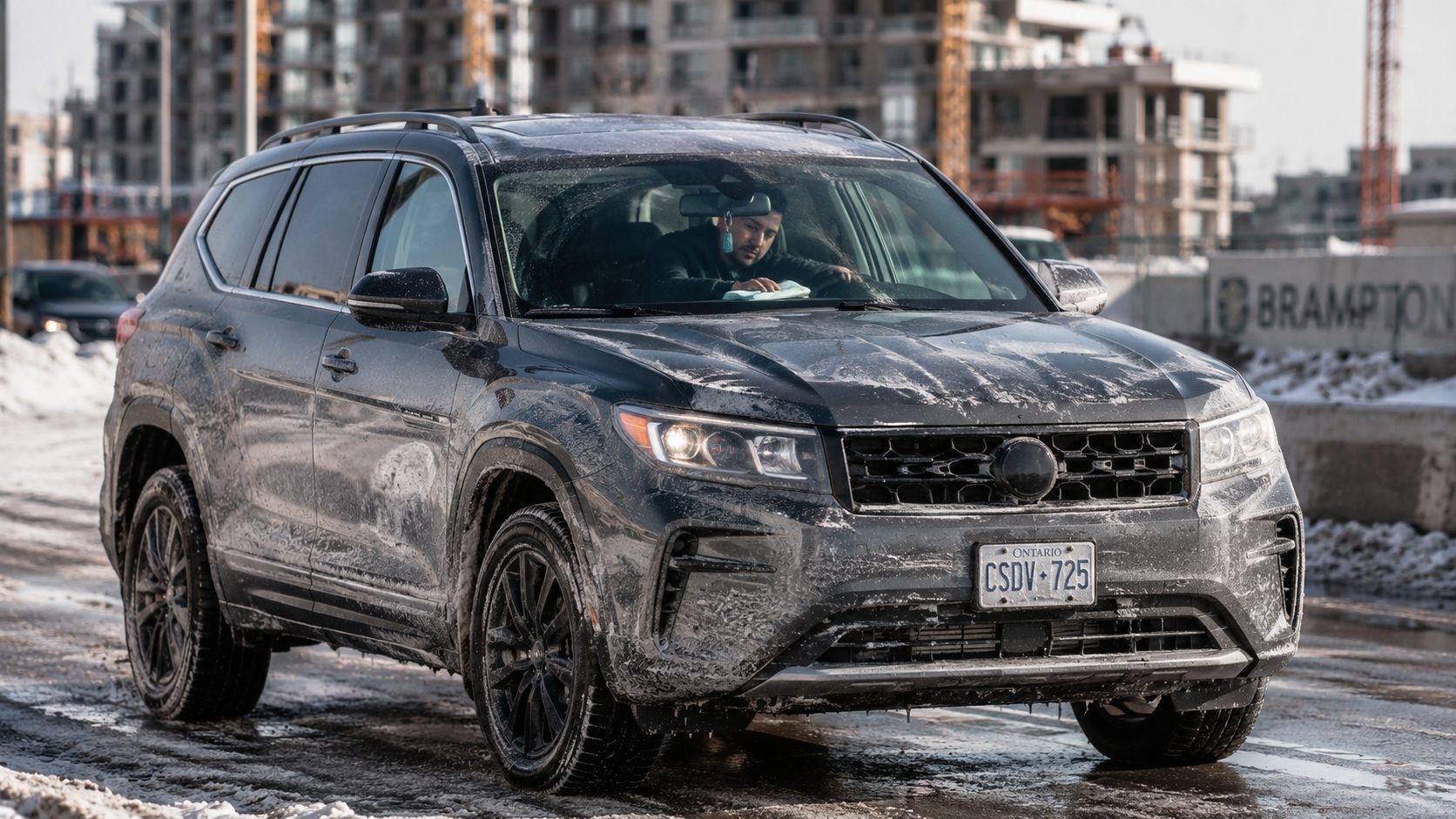 A dirty black SUV driving through snowy, slushy roads in a Brampton area during winter.