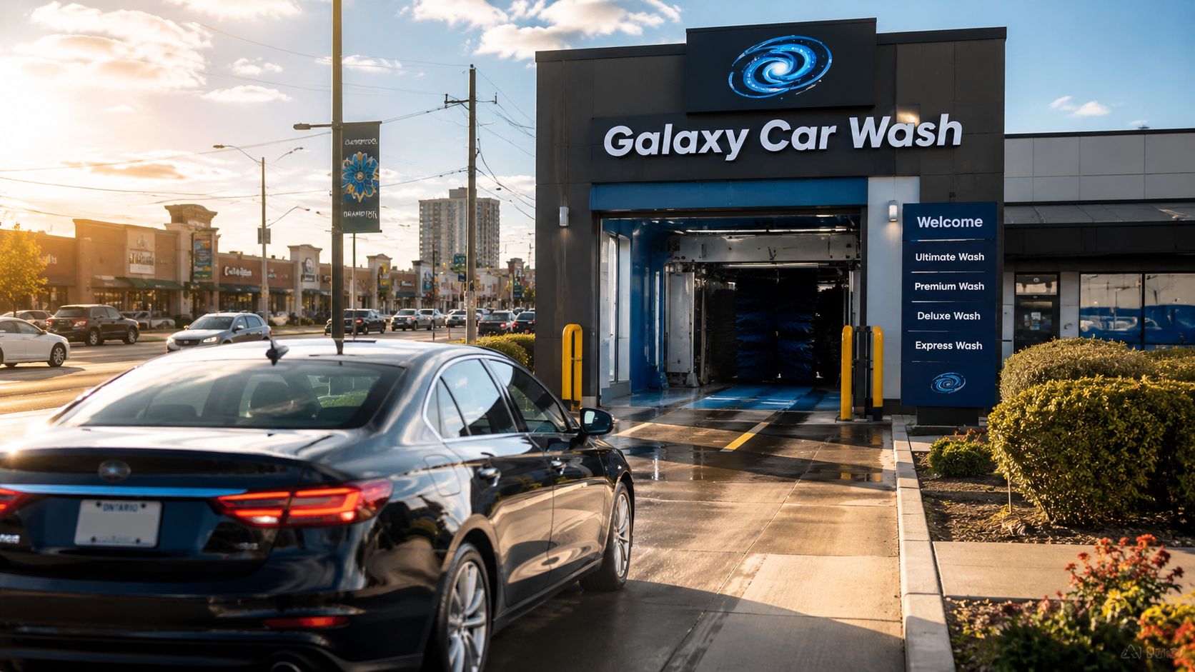 A black sedan approaching the entrance of the Galaxy Car Wash building during a sunny afternoon.