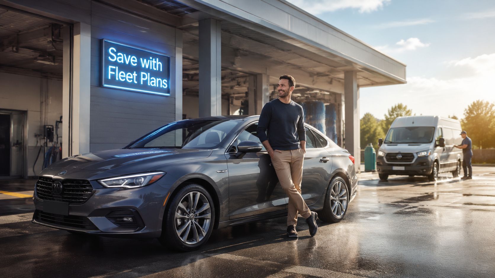 A man leaning against a grey sedan at a car wash featuring a Save with Fleet Plans sign.