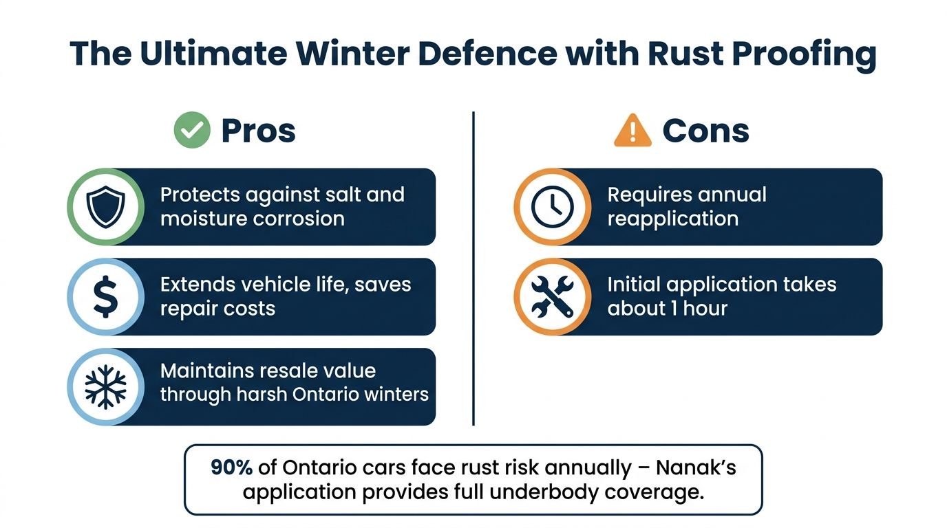 A comparison chart showing the benefits and drawbacks of vehicle rust proofing for winter in Ontario.
