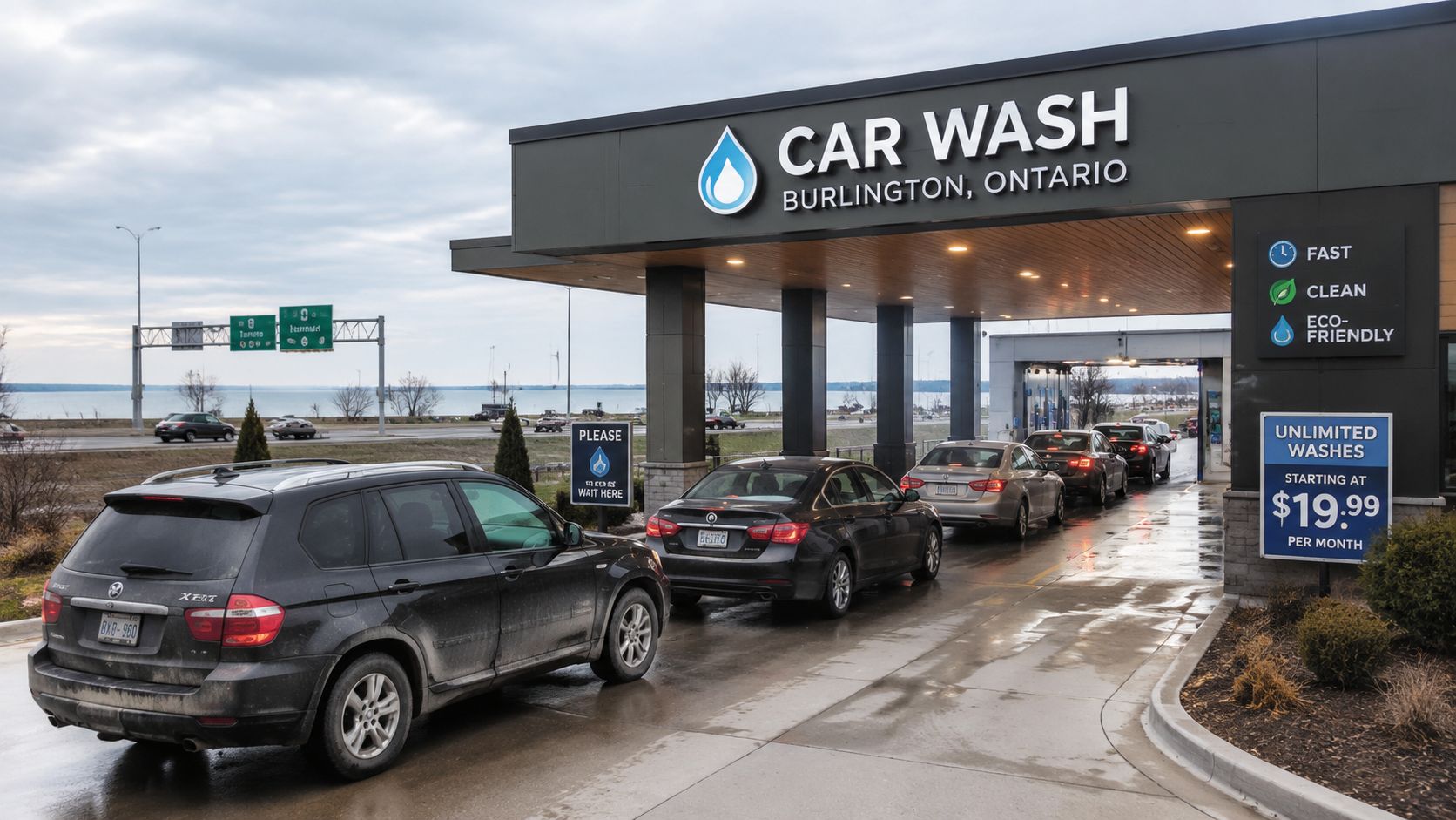 A queue of cars waiting in line to enter a modern car wash facility in Burlington, Ontario.
