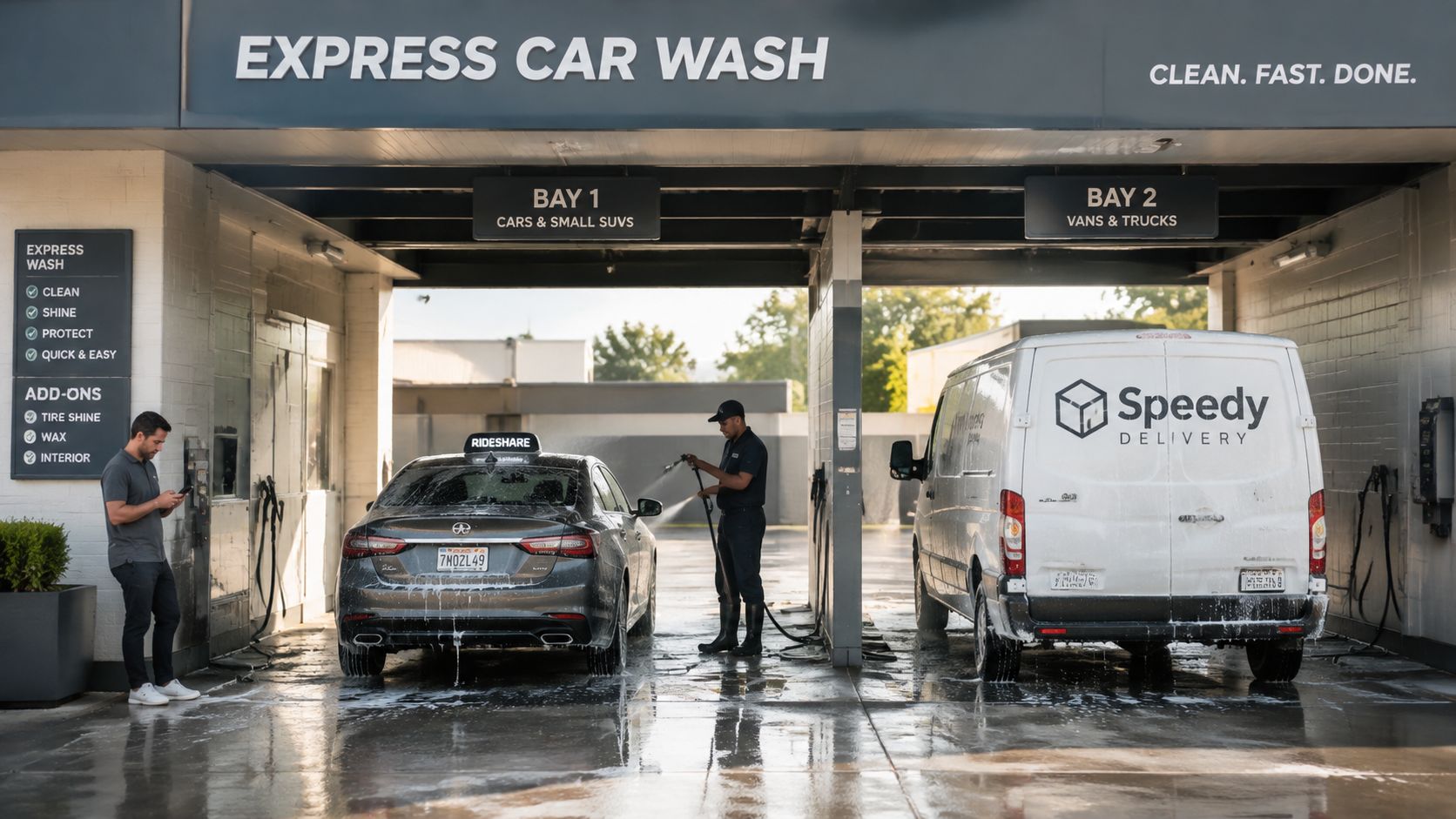 A professional car wash facility with workers cleaning a rideshare sedan and a delivery van in bays.