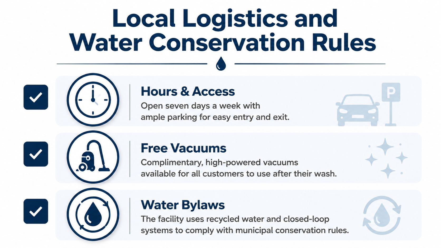 Informational graphic detailing local car wash hours, free vacuum service, and water conservation practices used.