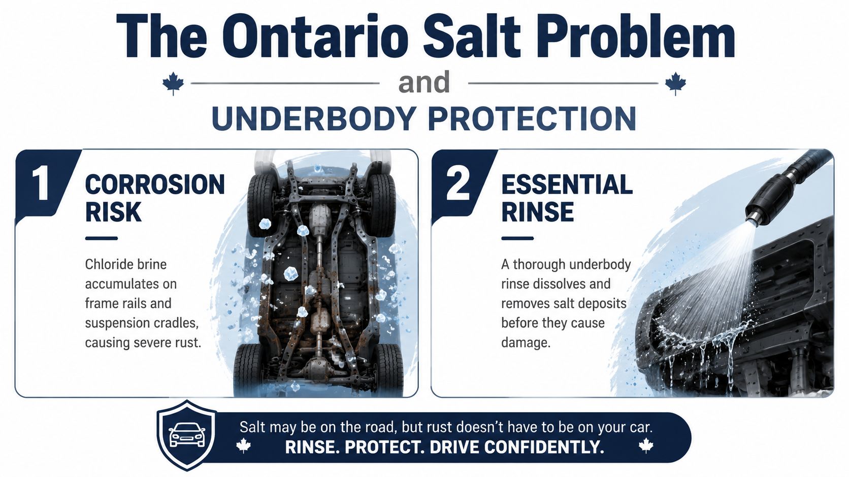 An educational infographic explaining the impact of road salt on vehicles and the importance of underbody rinsing.