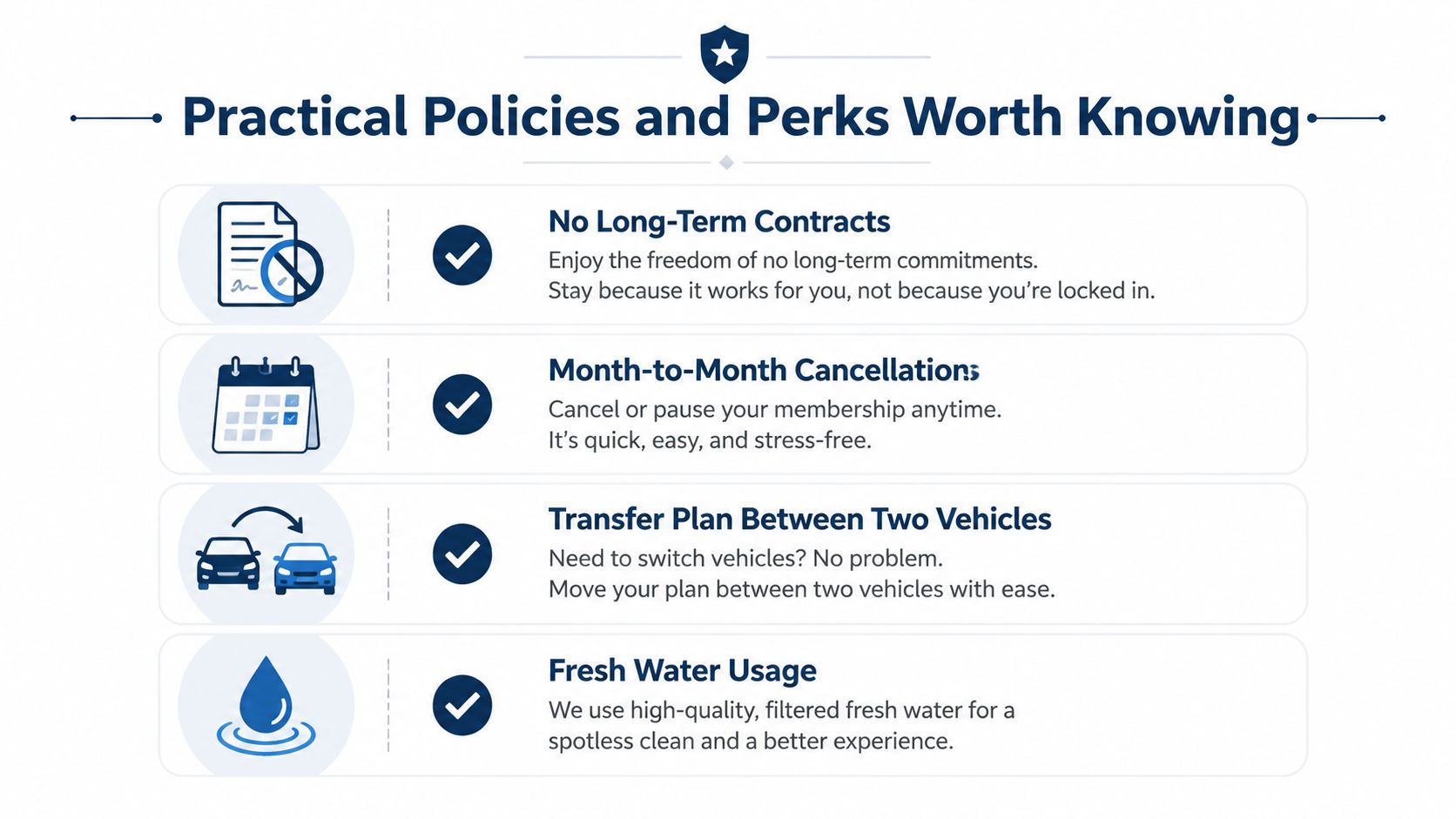 An infographic titled Practical Policies and Perks Worth Knowing listing four customer benefits of a car wash service.