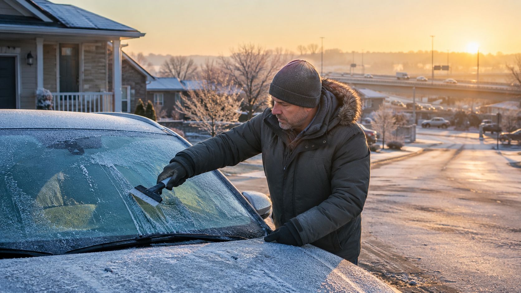A middle-aged man in a winter jacket scrapes frost off his car windshield on a sunny morning.