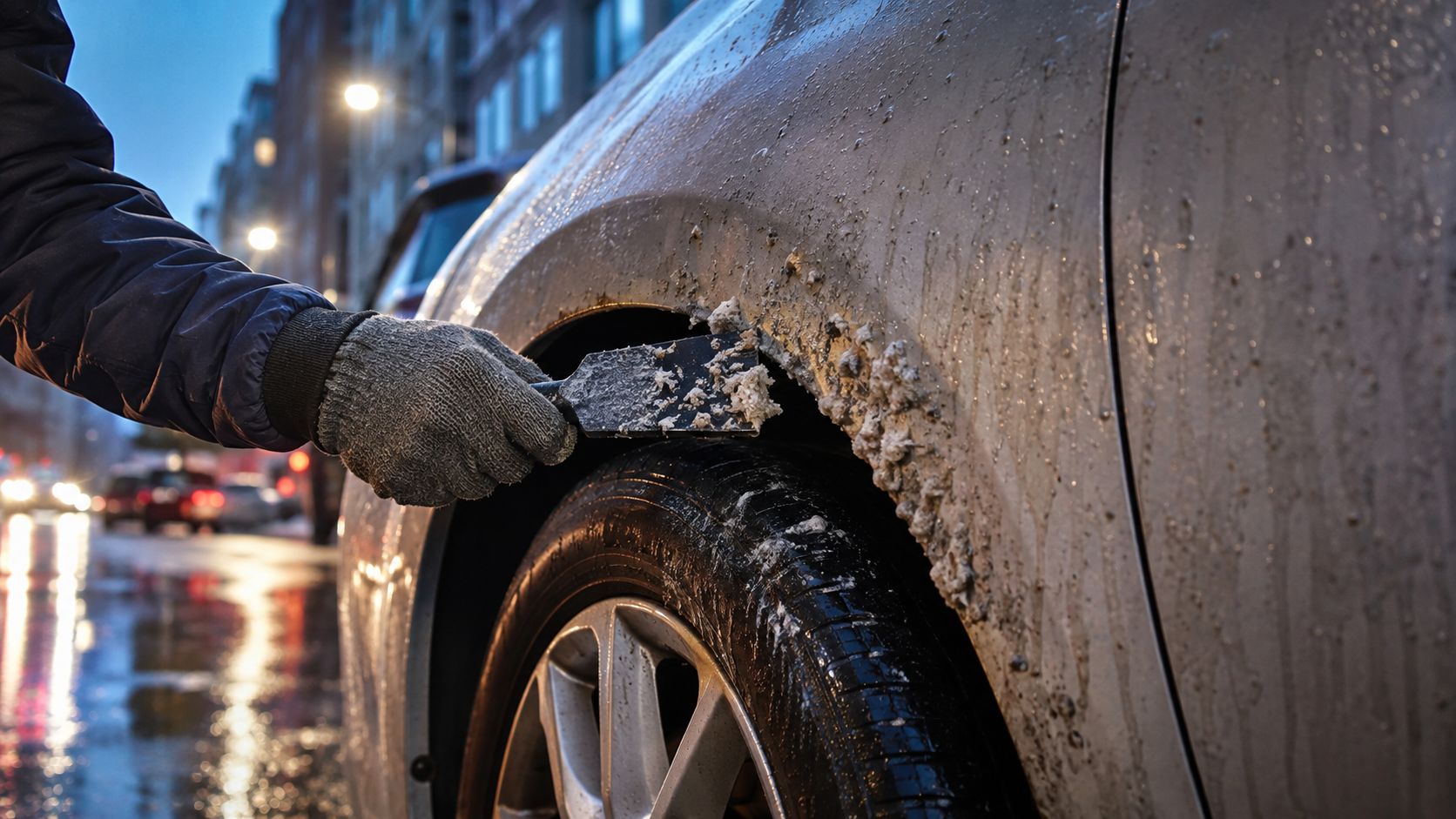 A person wearing a glove uses a scraper to remove ice and snow from a car wheel well.
