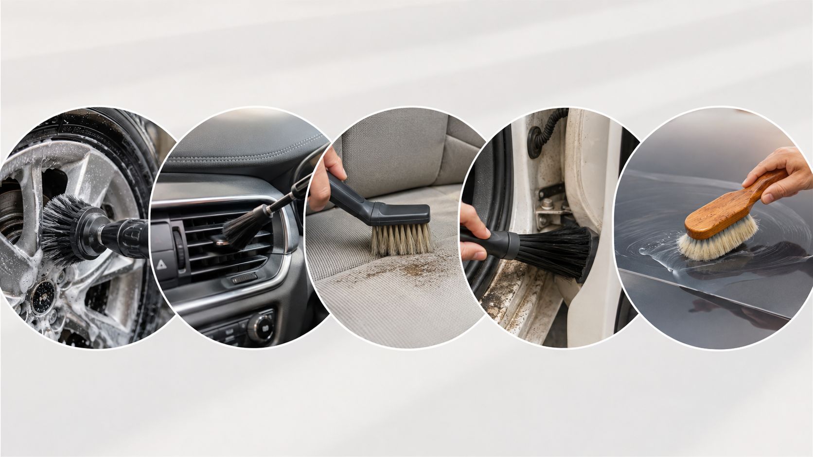 A collage showing various car detailing brushes used to clean wheels, air vents, car seats, door jams, and paint.