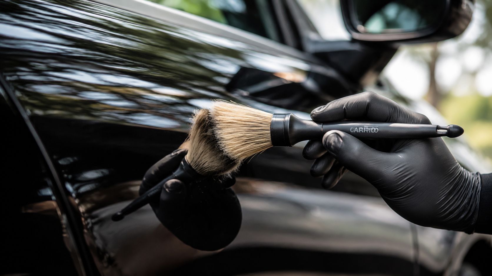 A professional detailer using a soft bristle brush to clean a glossy black car door panel.