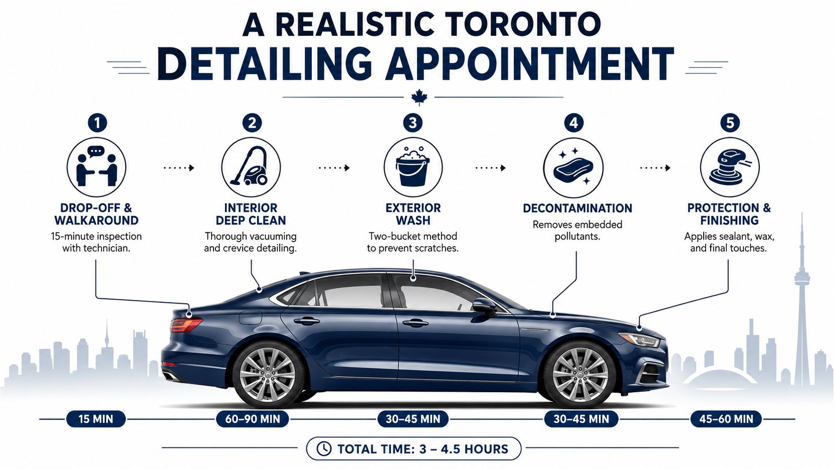 An infographic detailing the five steps of a professional car detailing service process in Toronto, Canada.