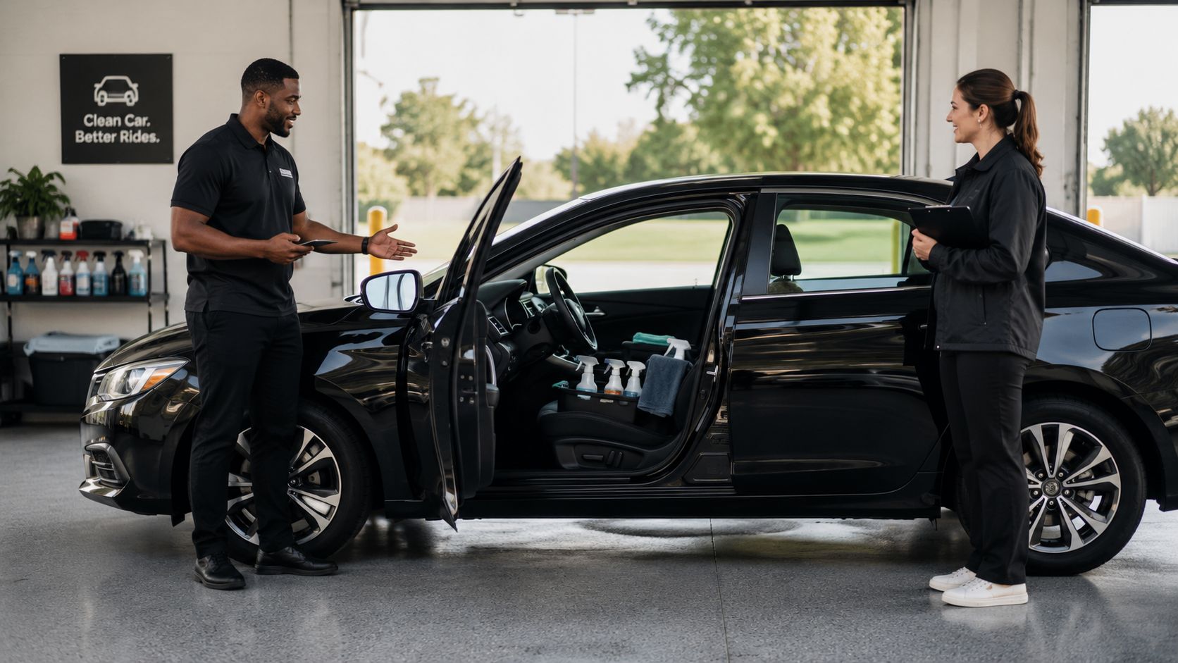 A professional man and woman discussing car detailing services next to a clean black sedan indoors.