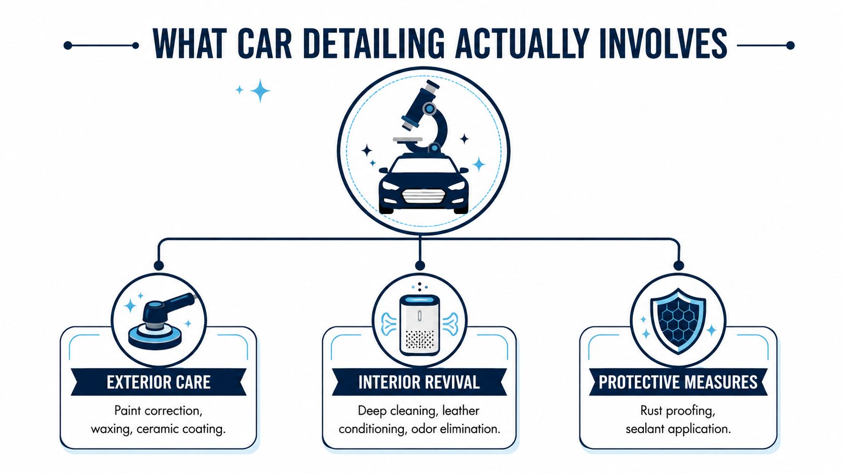 A professional infographic illustrating the three core aspects of car detailing: exterior care, interior revival, and protective measures.