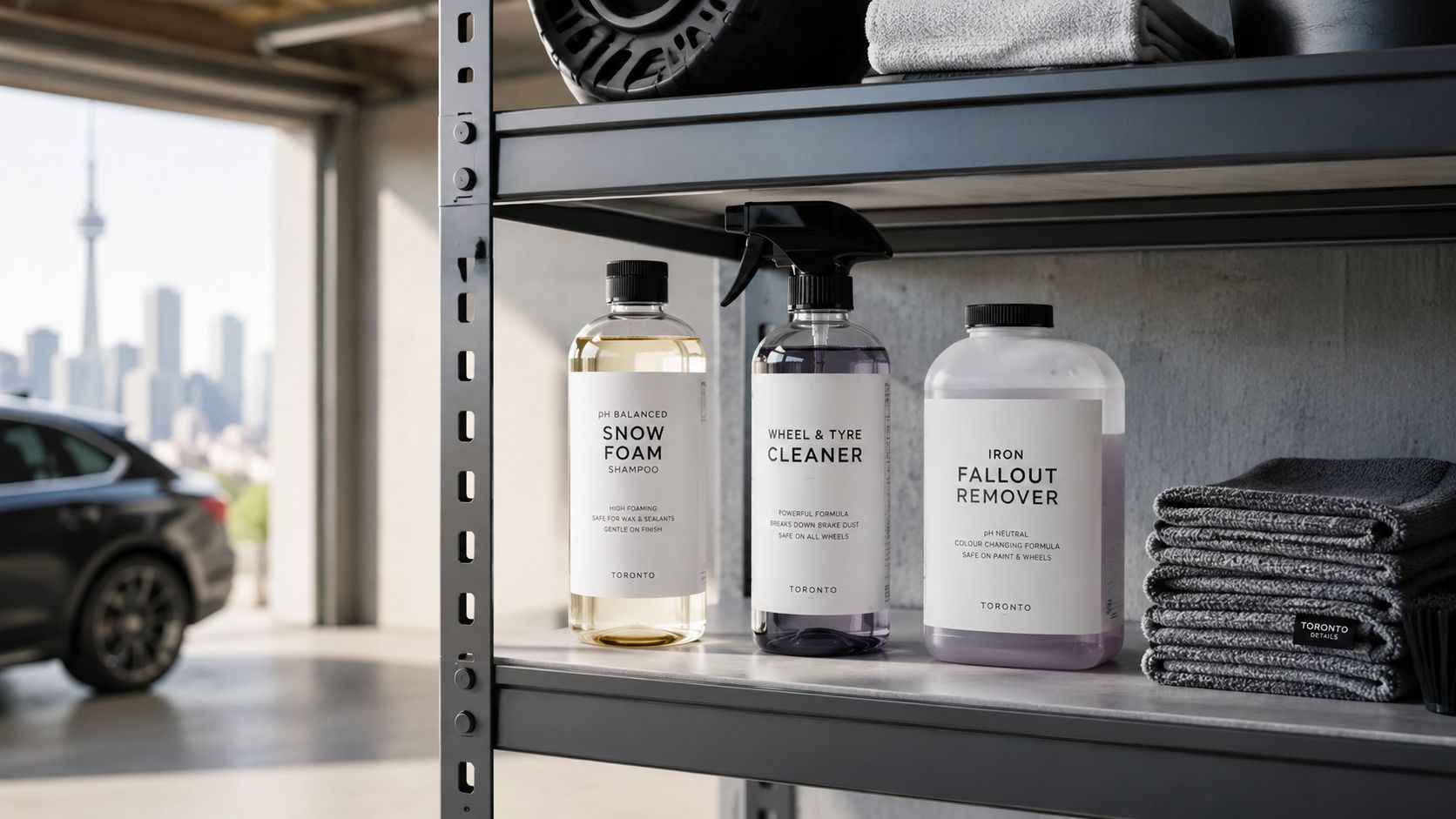 A set of Toronto Details car care cleaning products arranged on a garage shelf with a city backdrop.