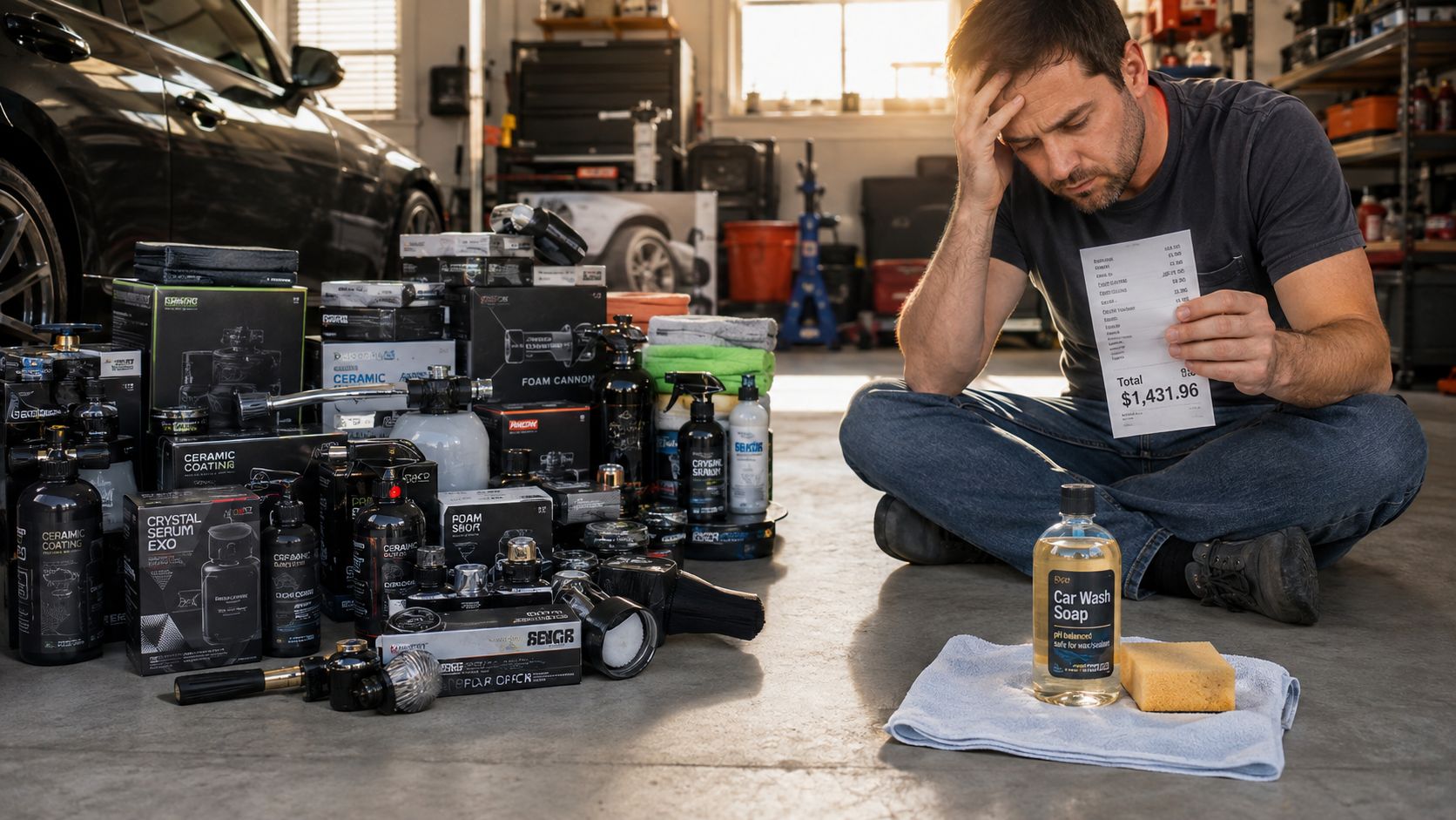 A man in a garage looks stressed while holding a high receipt for car detailing supplies.