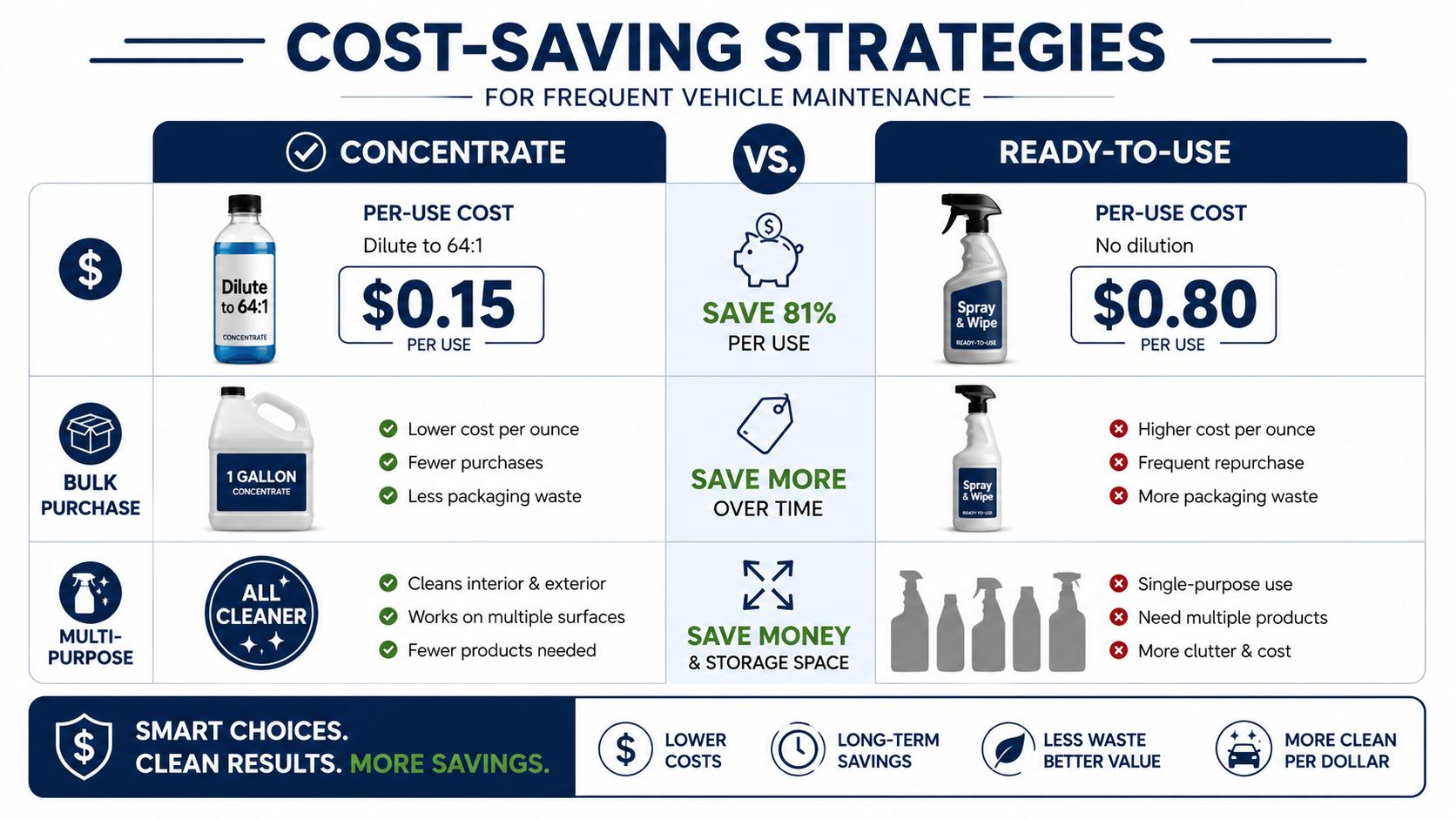 A comparison chart showing why concentrated cleaners are more cost-effective than ready-to-use spray products for vehicle maintenance.