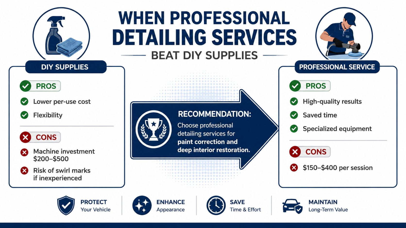 A comparison infographic showing the pros and cons of using DIY car detailing supplies versus professional detailing services.