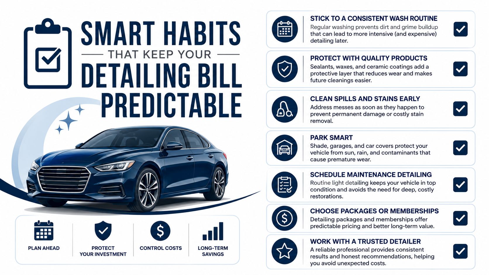 A car detailing guide featuring tips on how to keep vehicle maintenance costs predictable and affordable.
