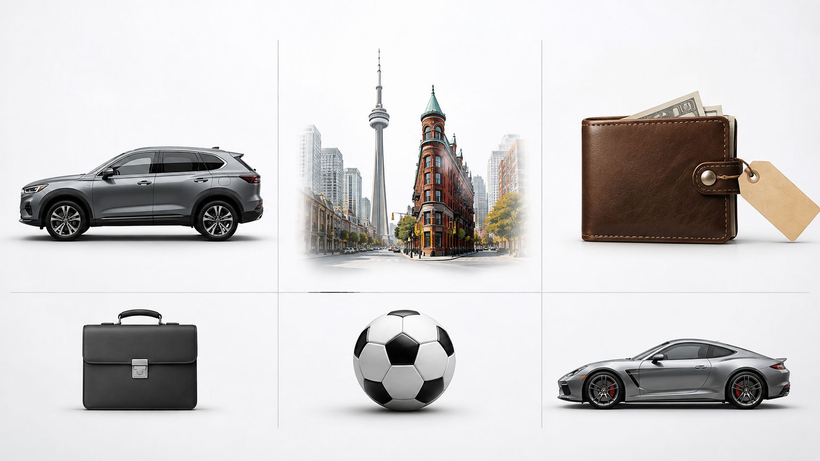 A collage showing a crossover car, Toronto city scene, a wallet, briefcase, soccer ball, and sports car.