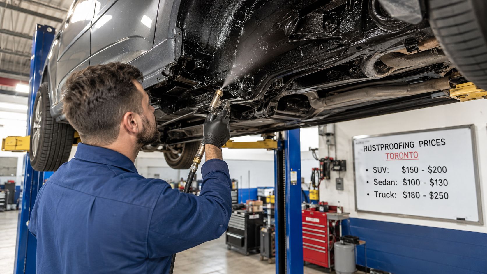 A professional mechanic in a blue uniform performing car rustproofing under a raised vehicle in Toronto.