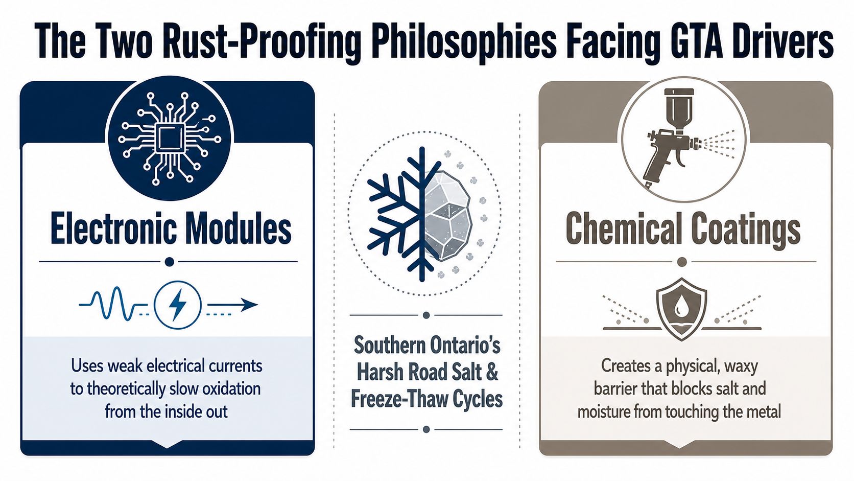 An infographic comparing electronic modules and chemical coatings as two methods for preventing car rust.