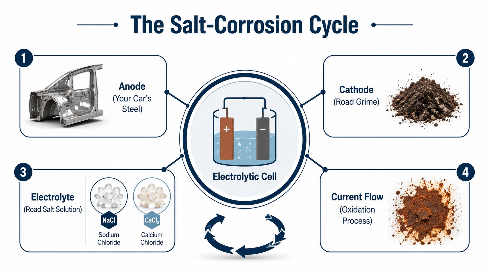 A diagram illustrating the salt-corrosion cycle process that causes rust on automobile steel components.