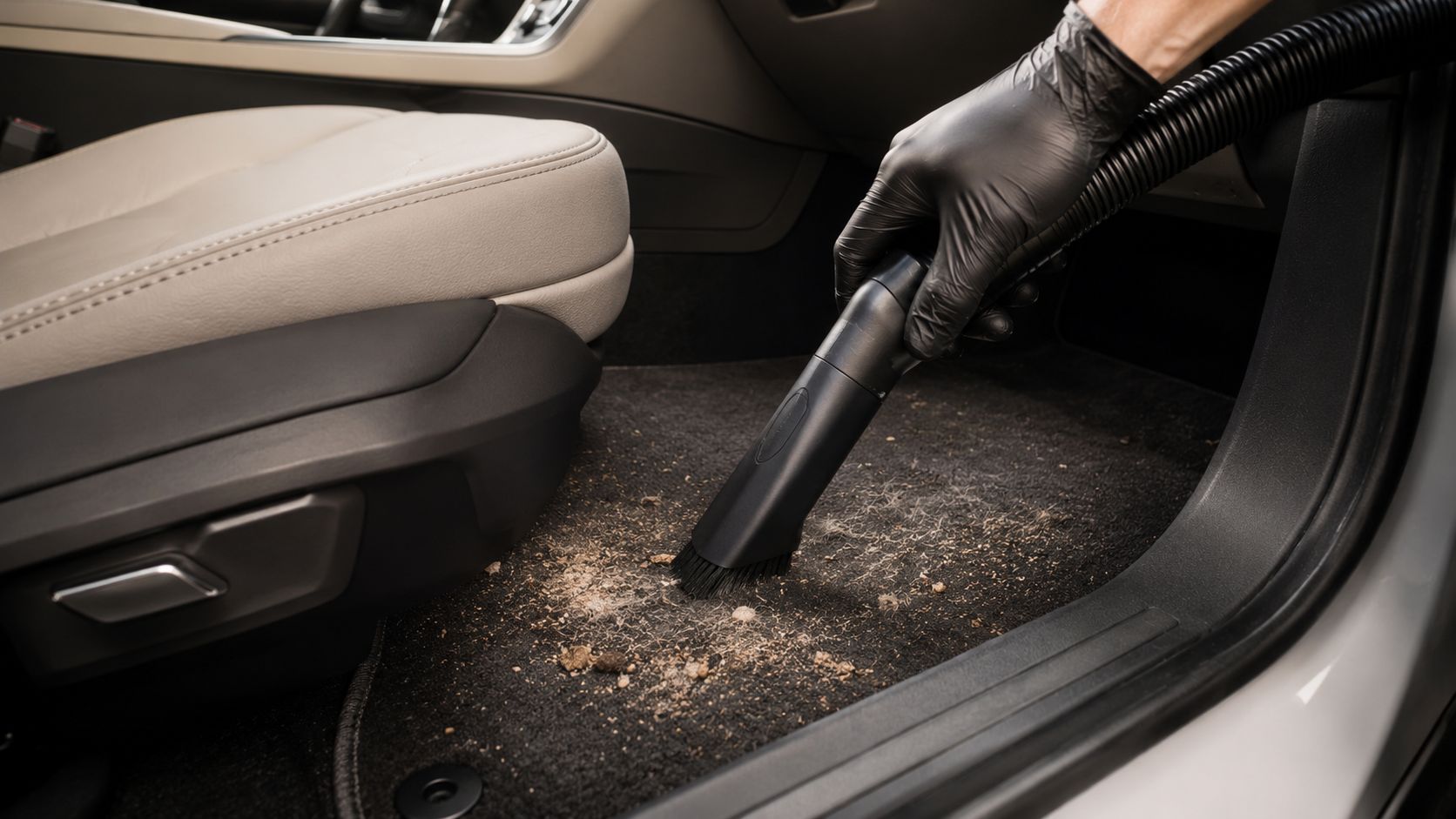 A professional detailer in black gloves uses a vacuum attachment to clean debris from a car carpet.