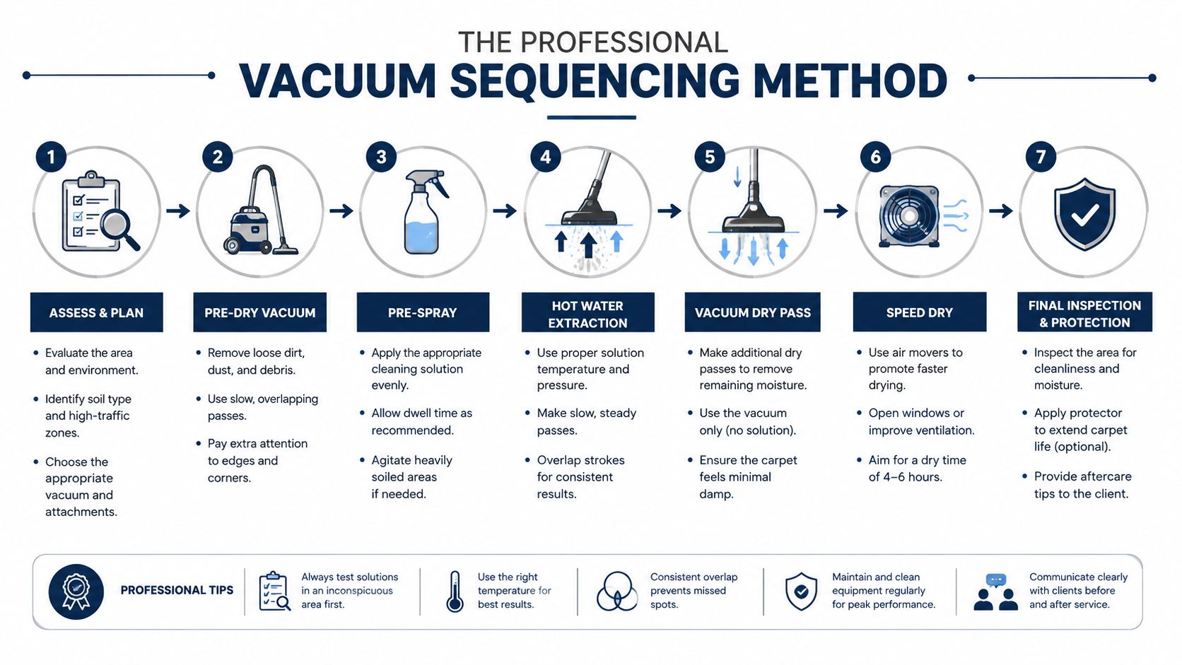 A professional guide illustrated with seven steps for deep cleaning carpets using vacuum extraction and drying methods.