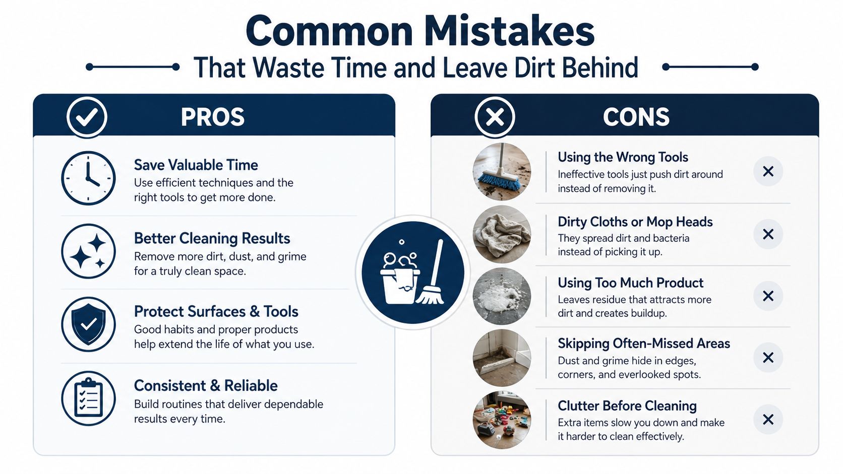 An infographic comparing the benefits of good cleaning habits versus the drawbacks of common cleaning mistakes.