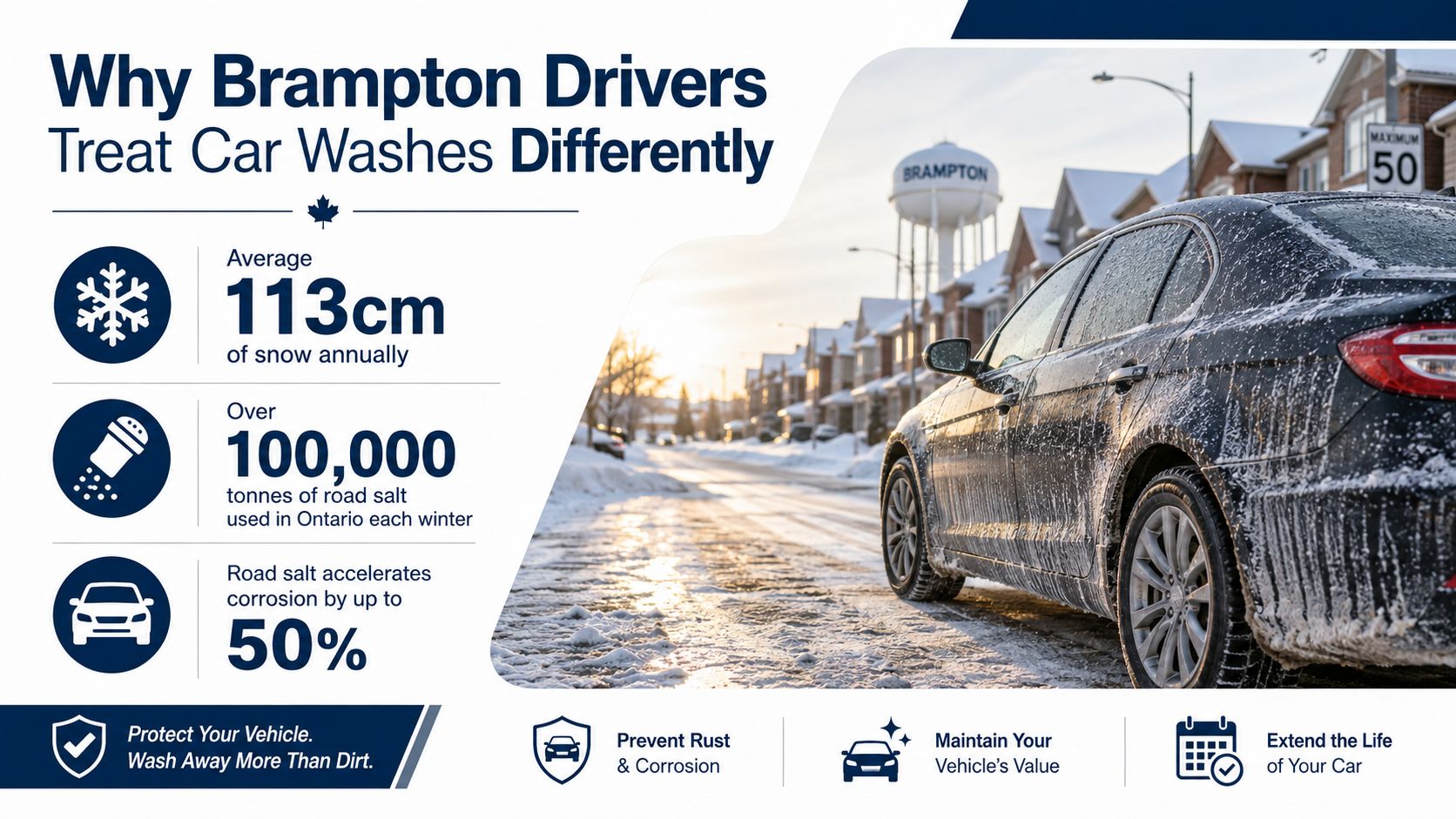 An infographic showing how winter weather, snow, and road salt affect vehicle maintenance for drivers in Brampton, Ontario.