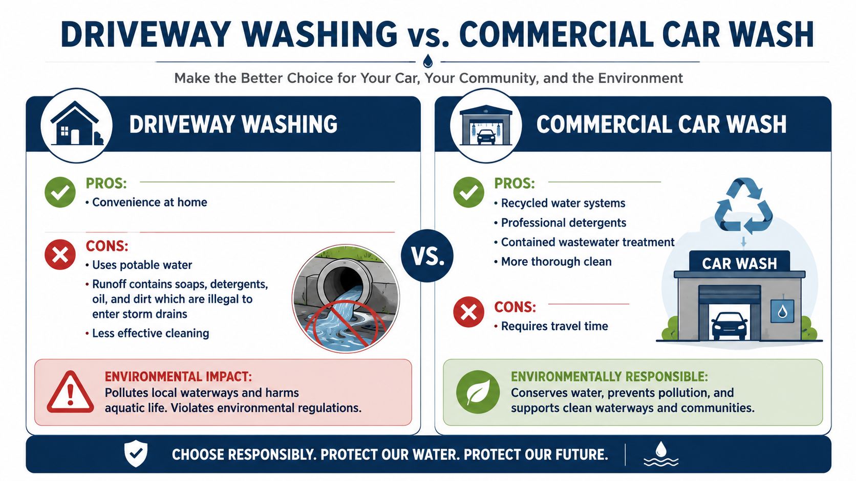 A comparison infographic between washing a car in a driveway versus using a professional commercial car wash.