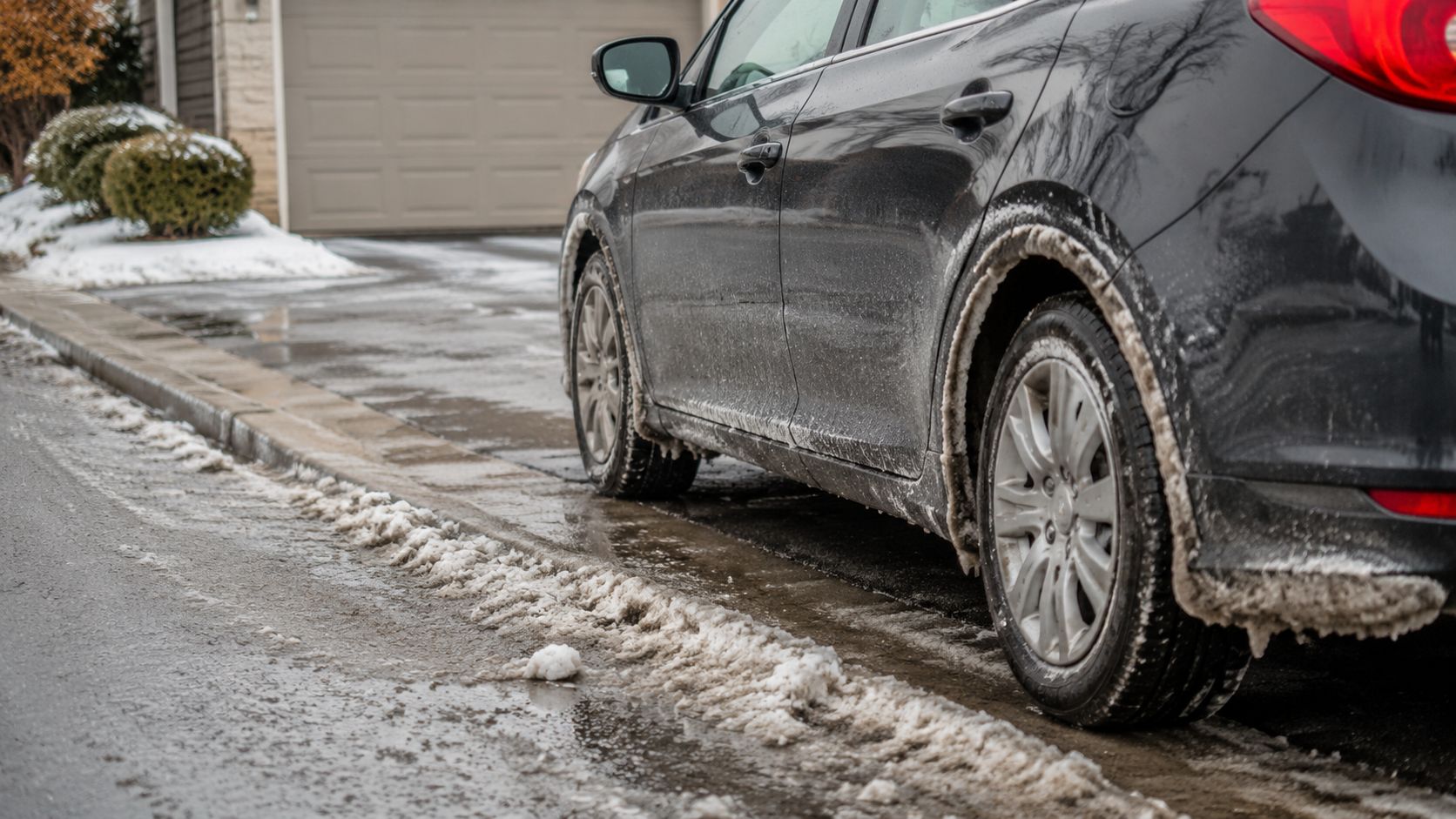 A dirty dark gray car parked in a driveway covered in slush after a winter storm.