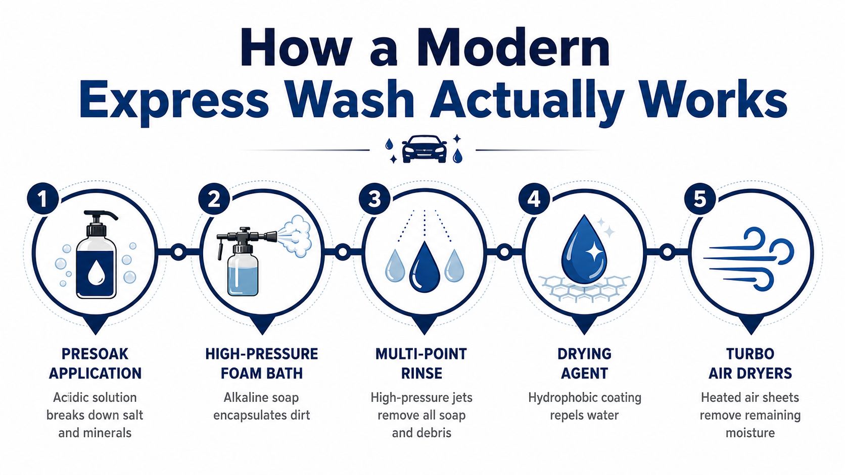 A five-step infographic showing the stages of a modern car wash process from soak to drying.