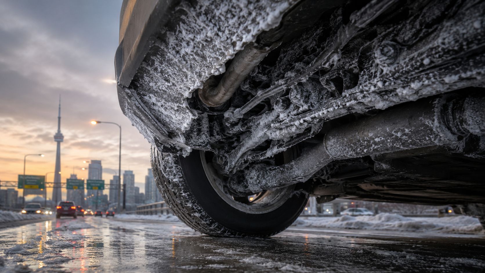 A close-up view of a car undercarriage covered in road salt and ice in downtown Toronto.