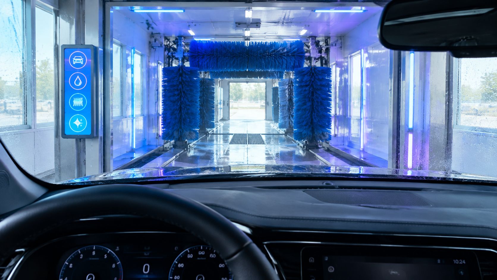 A view from inside a car entering an automated car wash facility with blue glowing brushes.