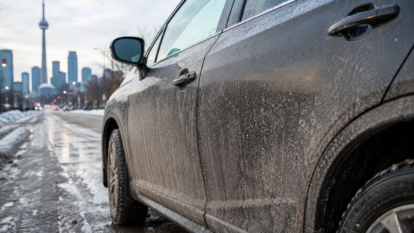 A dirty car covered in salt and road grime parked on a slushy winter street in Toronto.