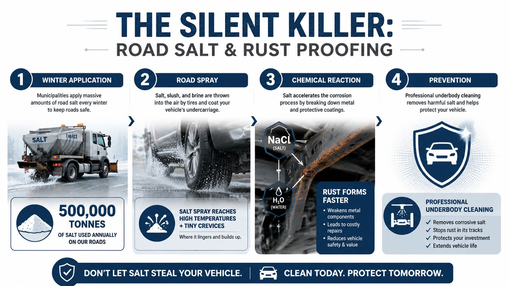 An infographic detailing how road salt causes vehicle rust and why professional underbody cleaning is essential for protection.