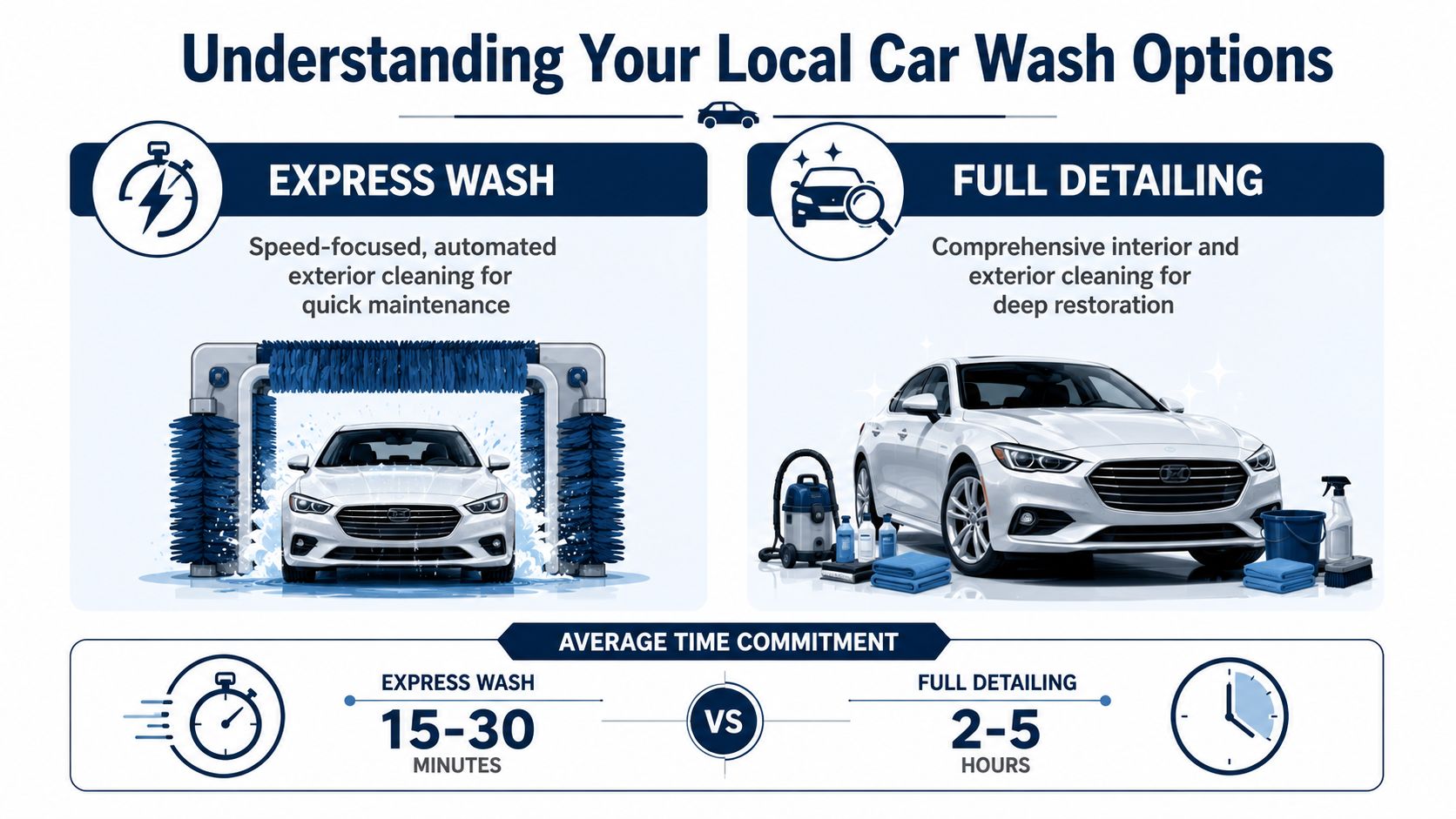 A comparison chart showing the differences between an express car wash and full detailing service.