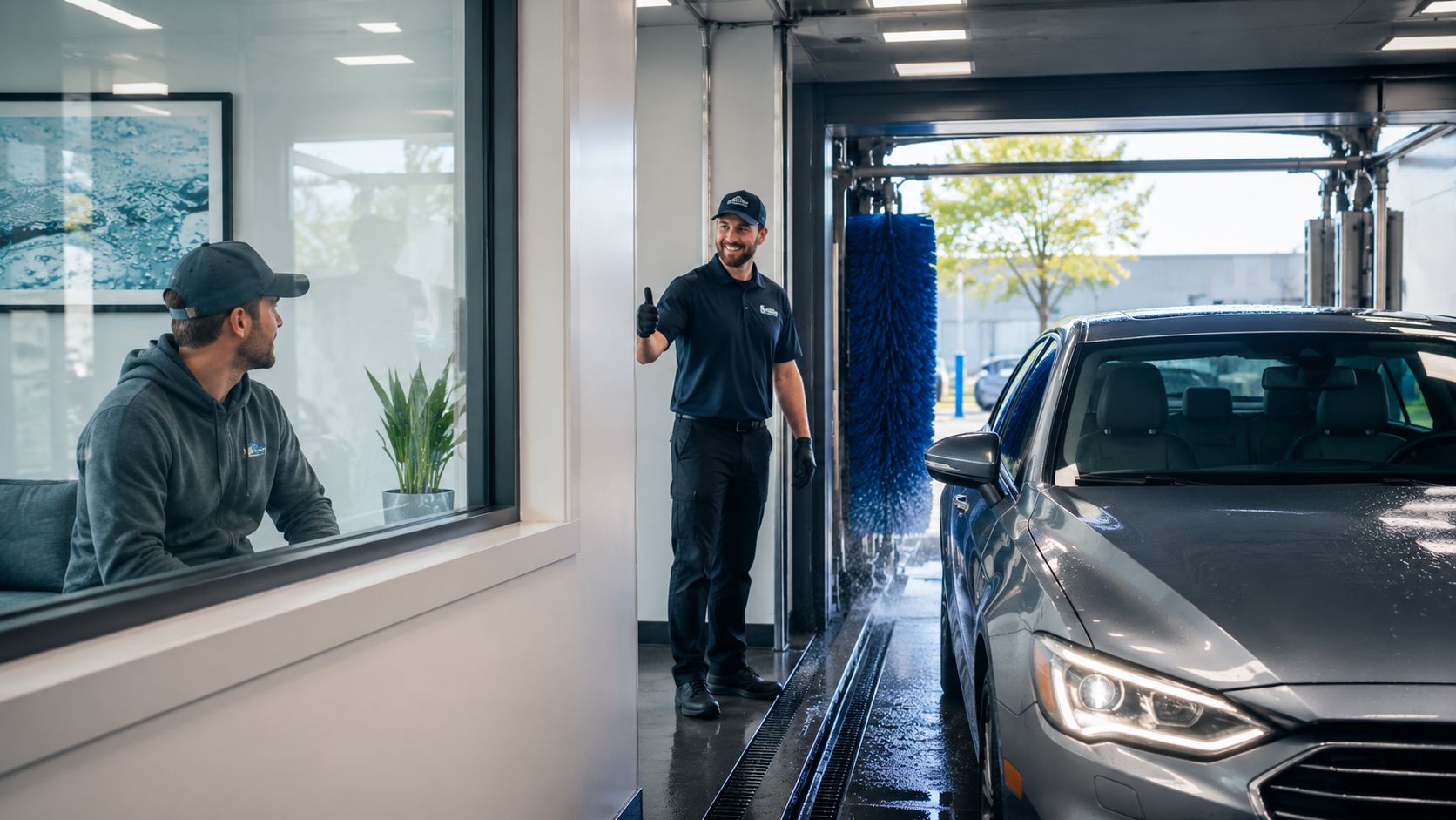 A professional car wash attendant giving a thumbs up to a customer waiting in the lobby area.