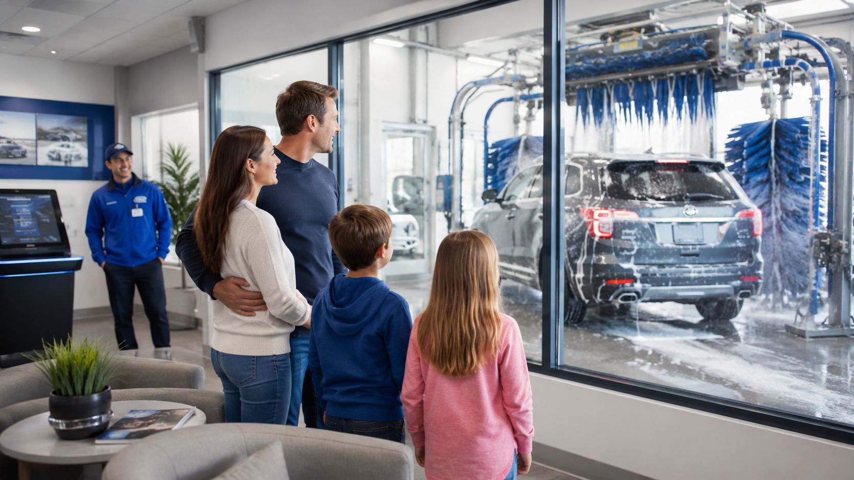 A family watches their car being washed through a large glass window at a professional dealership facility.