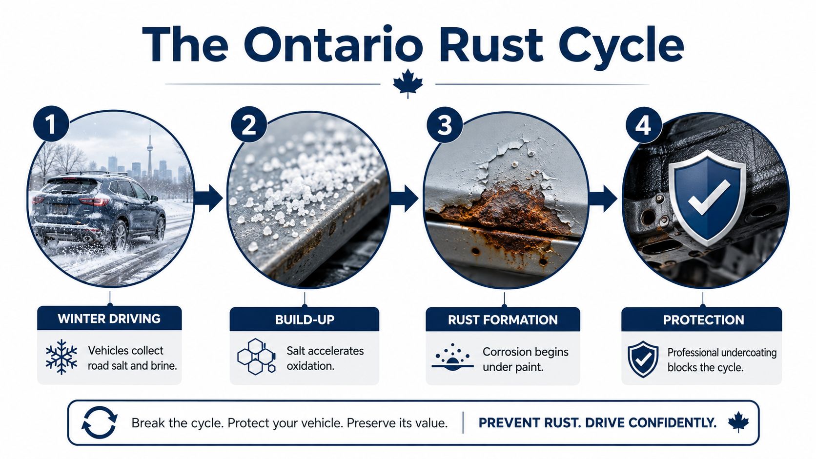 An infographic illustrating the four stages of car rust development caused by winter road salt in Ontario.