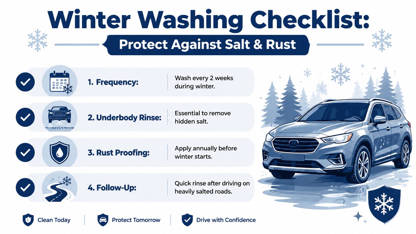 An infographic showing a winter car washing checklist to protect vehicles against road salt and rust.