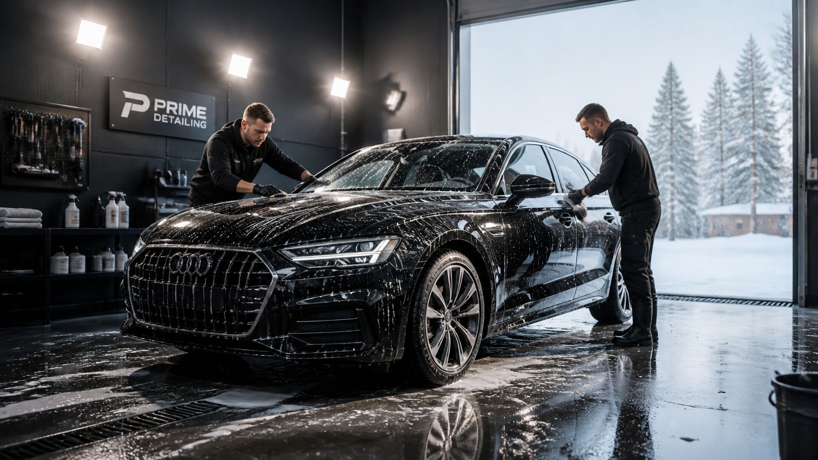 Two professional detailers in black uniforms meticulously washing a black Audi sedan in an indoor garage.