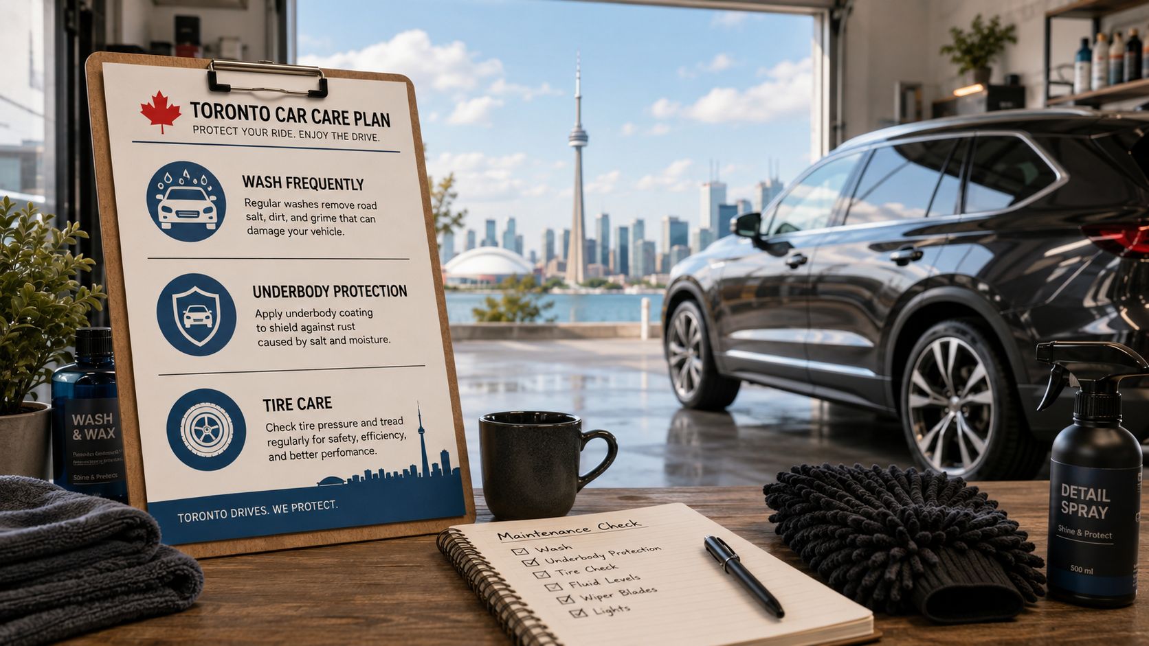 A clipboard with a Toronto car care plan list near cleaning supplies, with a car in the background.