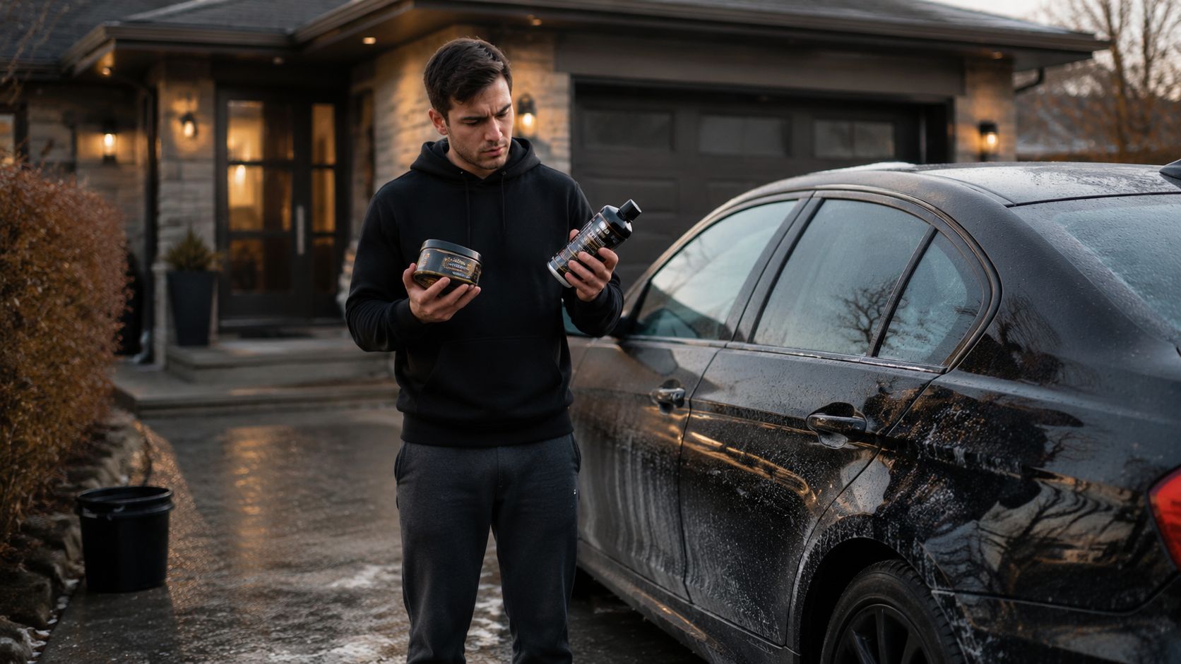 A man inspecting car care products while standing next to his vehicle in a driveway at dusk.