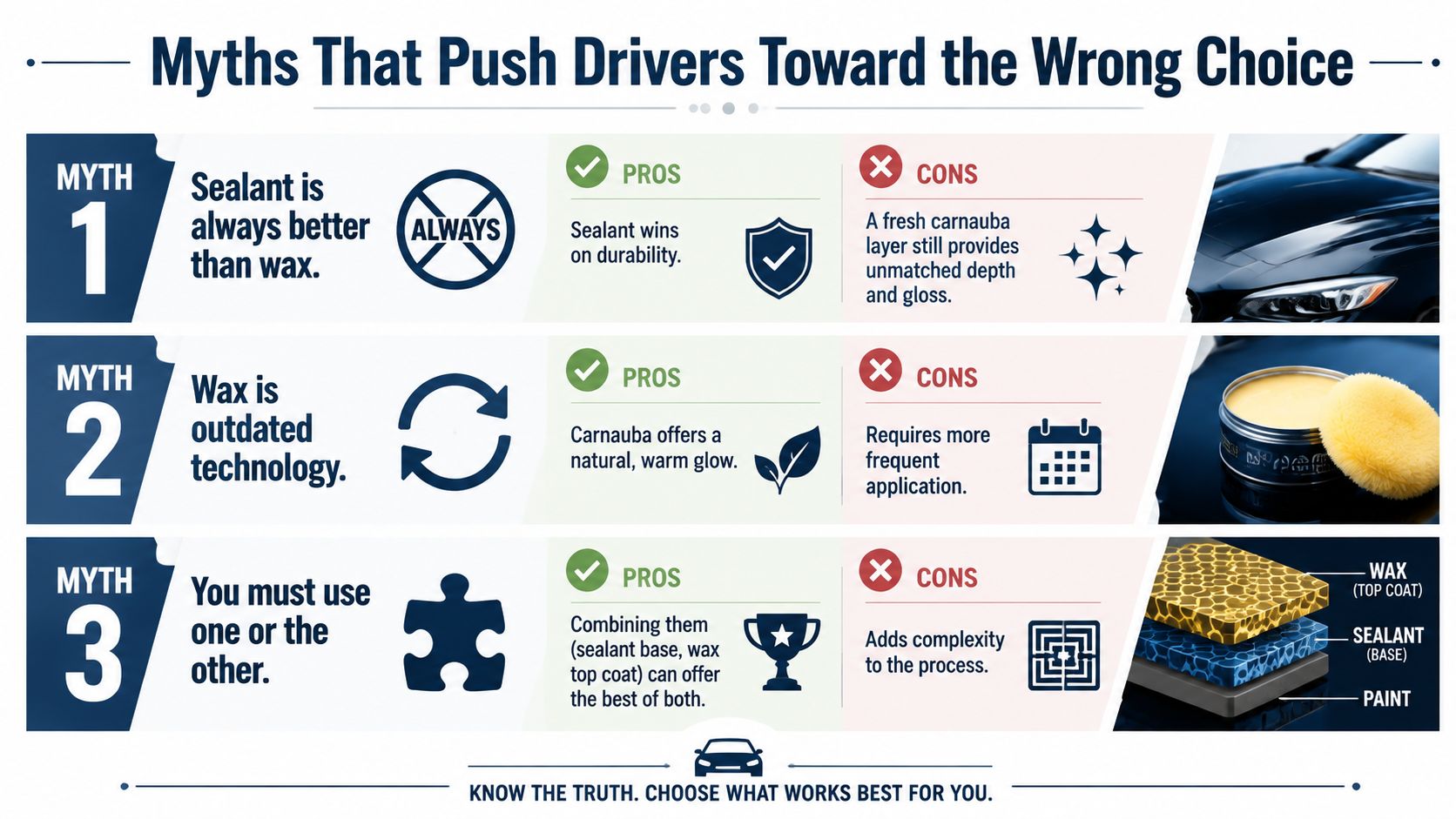 An infographic comparing car wax and sealant myths, detailing their pros, cons, and combined use strategies.