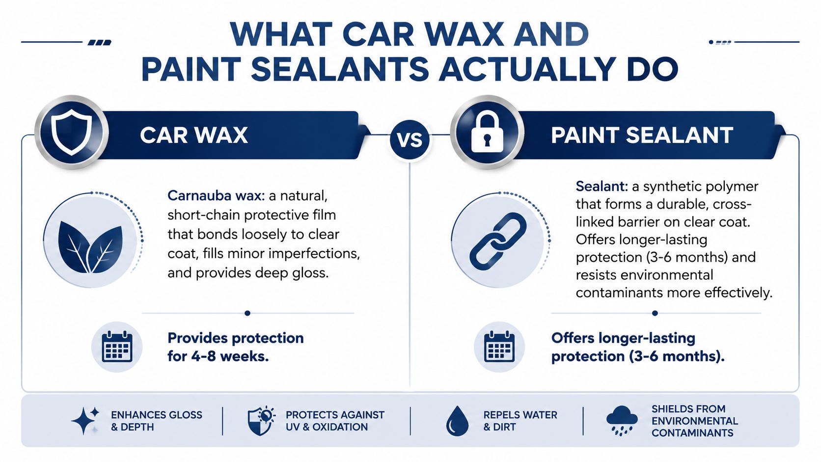 A comparison infographic between car wax and paint sealant, detailing their differences in durability and protection.