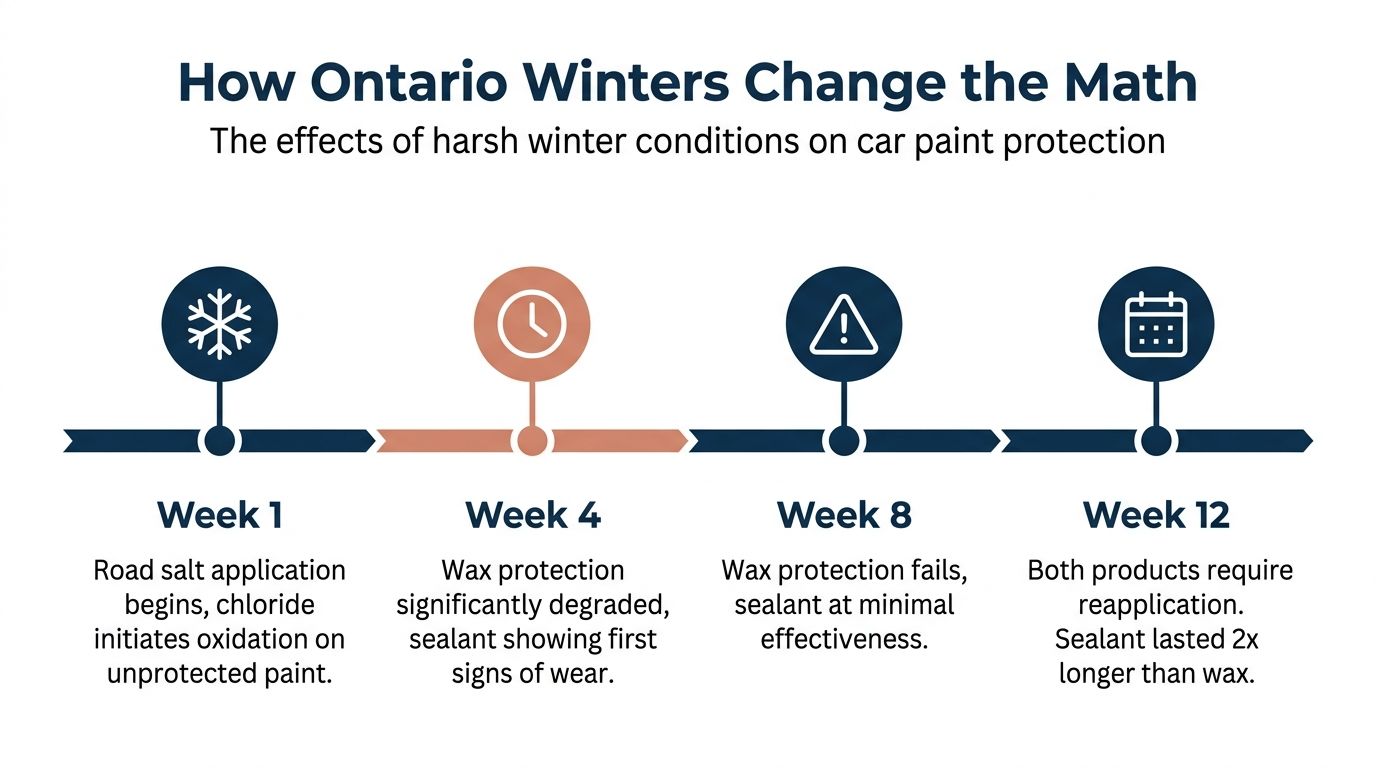 A timeline graphic showing how Ontario winter road salt impacts the effectiveness of car wax versus paint sealant.