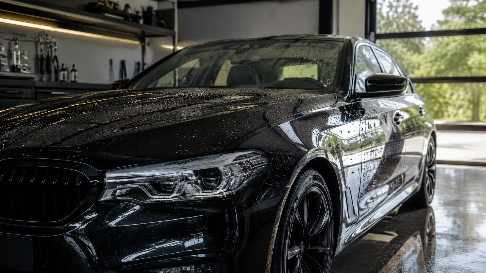 A sleek black BMW sedan parked in a garage, featuring a shiny water-beaded ceramic coating finish.