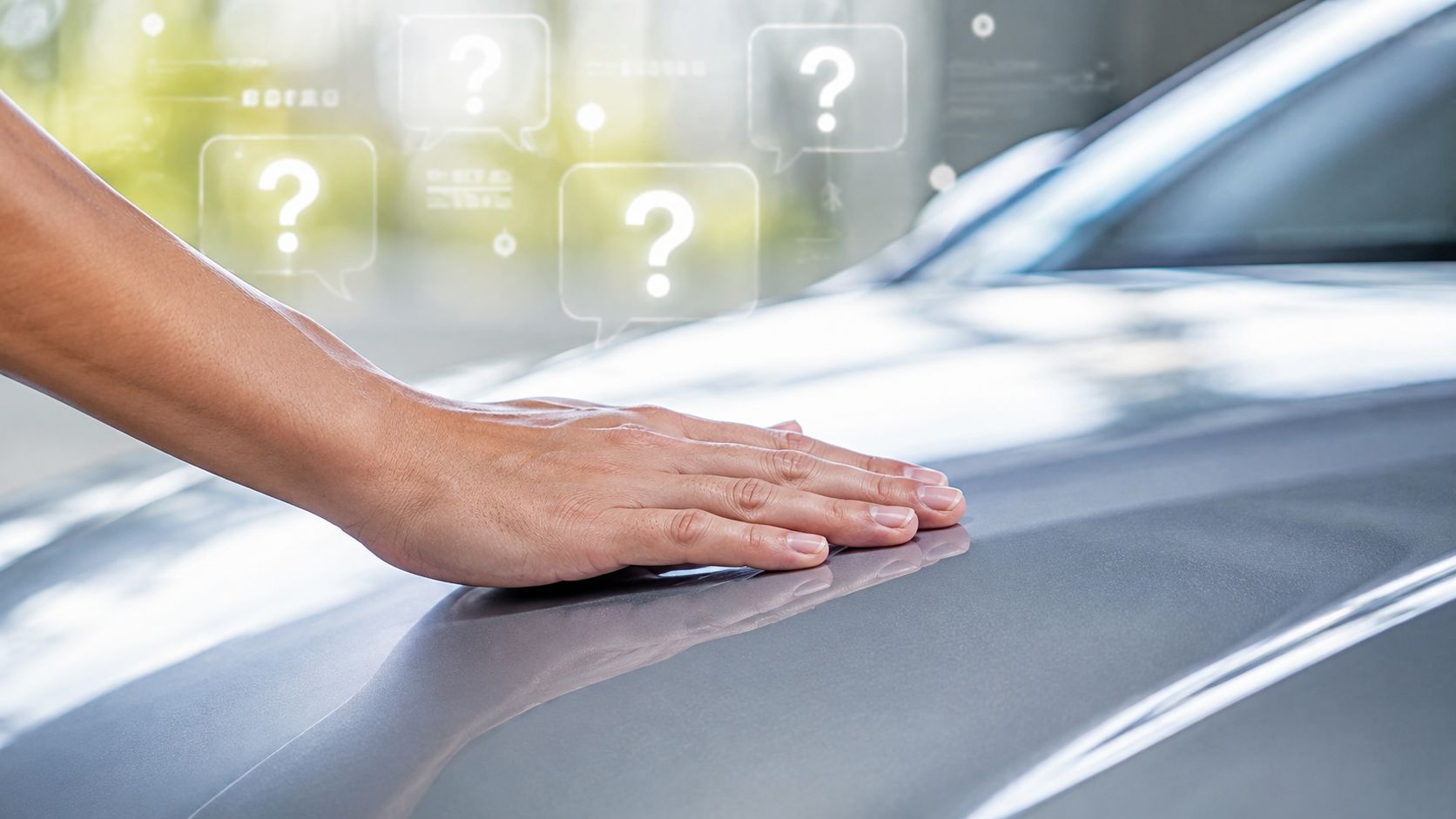 A hand touching the smooth, polished surface of a silver car, symbolizing vehicle maintenance and ceramic coating.